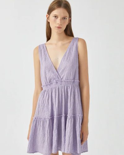 Contemporary V-Neck Tiered Mini Dress in Lavender Purple