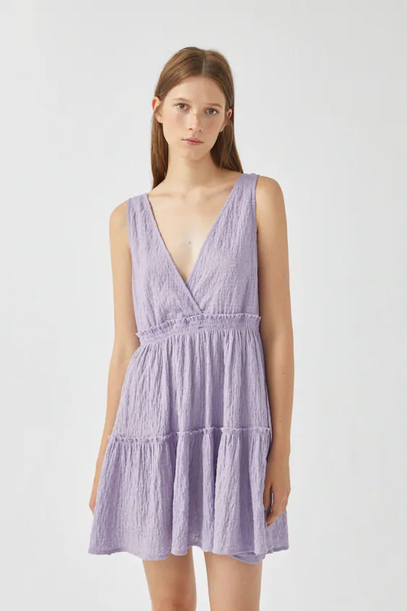 Contemporary V-Neck Tiered Mini Dress in Lavender Purple