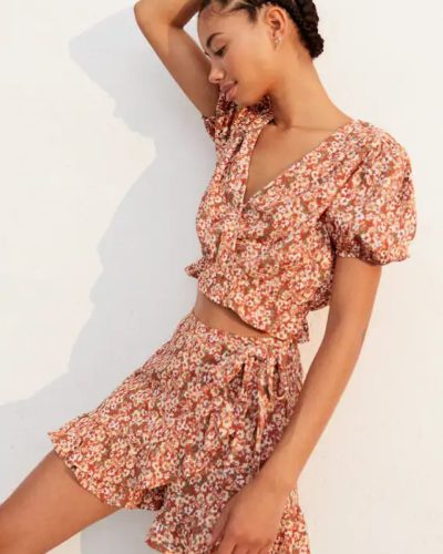 Contemporary Floral Two-Piece Set - Crop Top & Skirt Matching Outfit