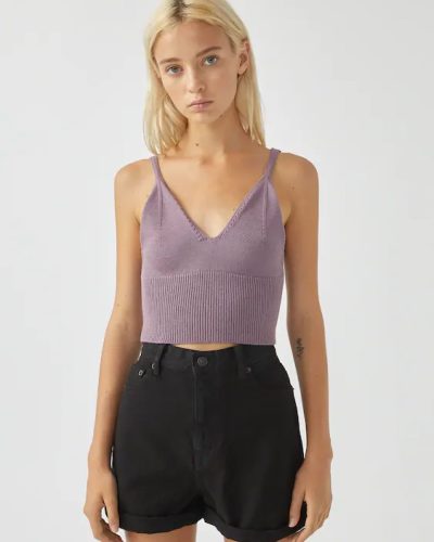 Contemporary Lavender Ribbed Knit Crop Tank Top with V-Neckline