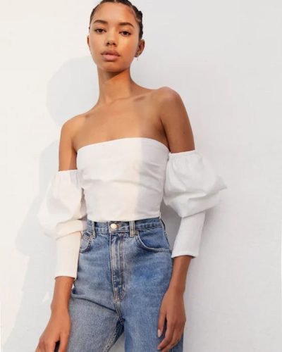 Contemporary Off-Shoulder White Blouse with Long Sleeves - Women's Top