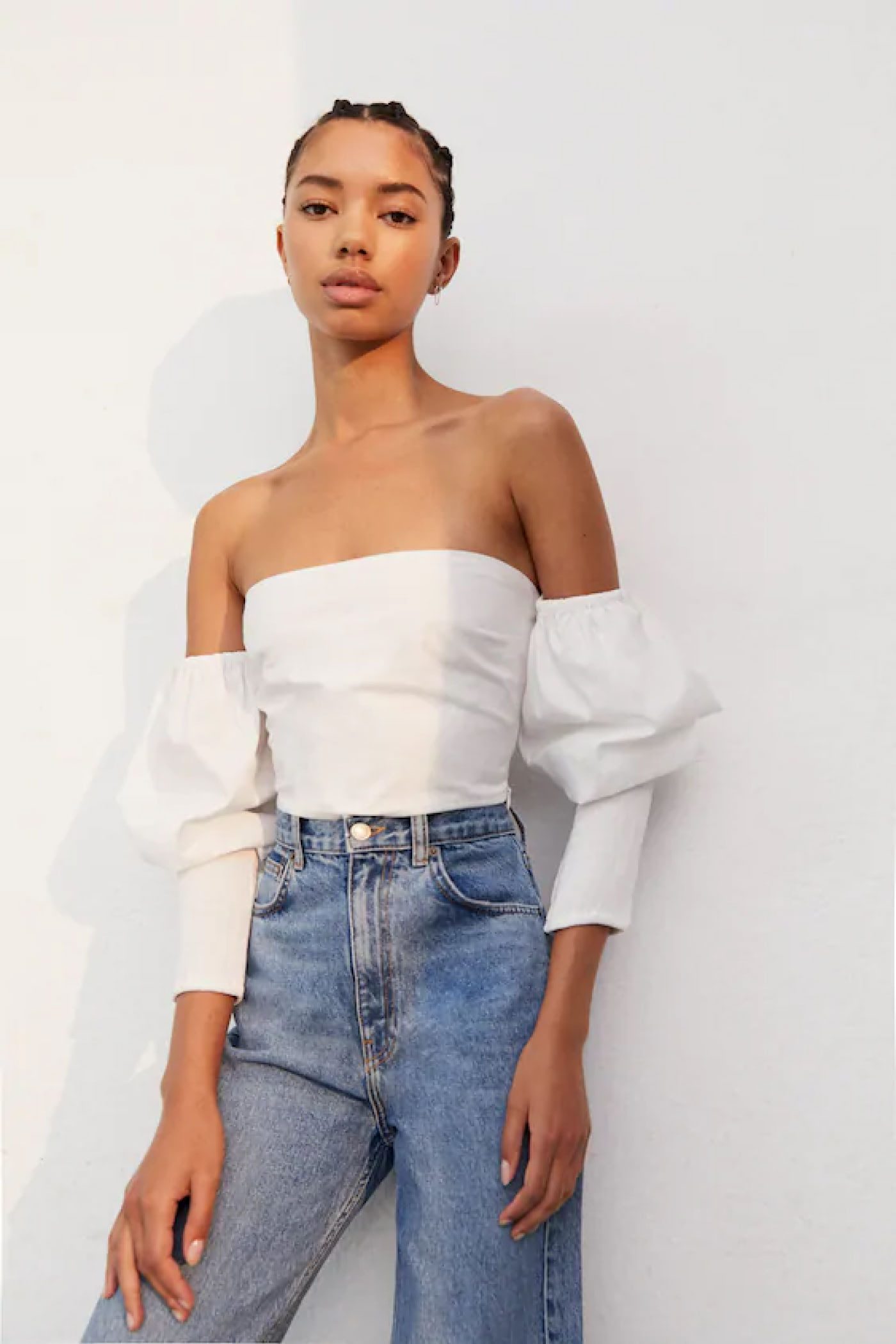 Contemporary Off-Shoulder White Blouse with Long Sleeves - Women's Top