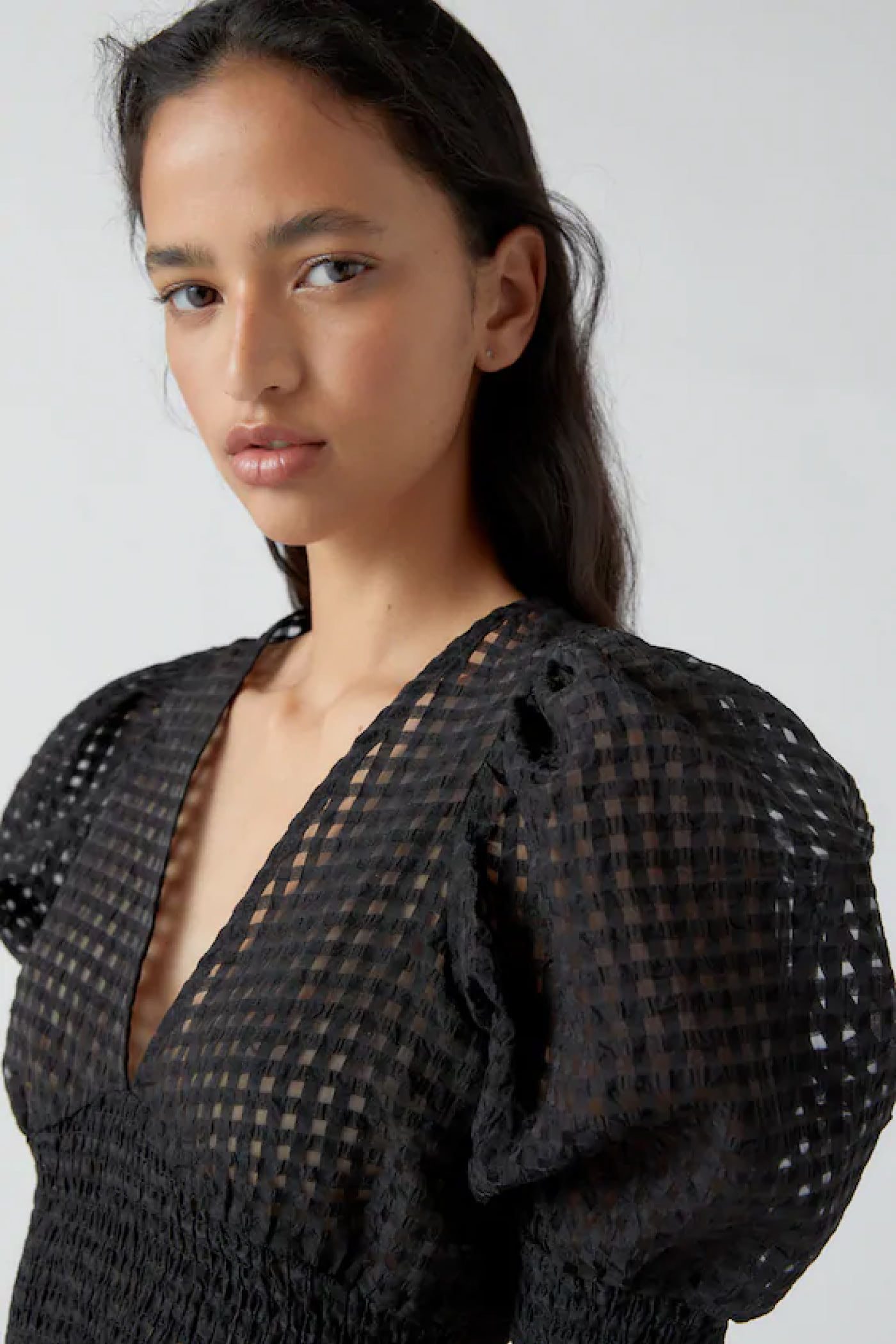 Contemporary Black Eyelet Blouse with Puff Sleeves and Bow Detail