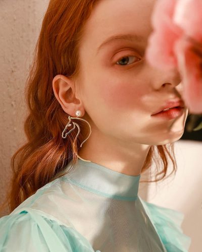 Contemporary Unicorn Hoop Earrings with Pearl Studs - Gold Tone