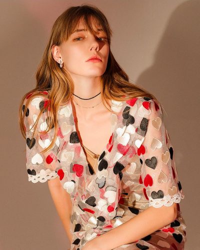 Contemporary Heart Print Sheer Blouse with Lace Trim Details