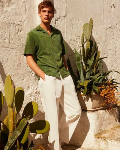 Men's Olive Green Linen Short Sleeve Button-Up Shirt - Summer Style