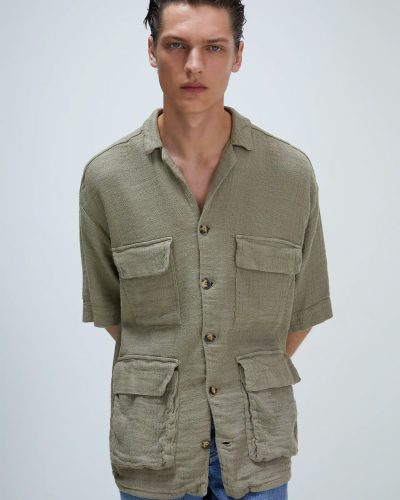 Contemporary Safari Style Utility Shirt - Olive Green Multi-Pocket