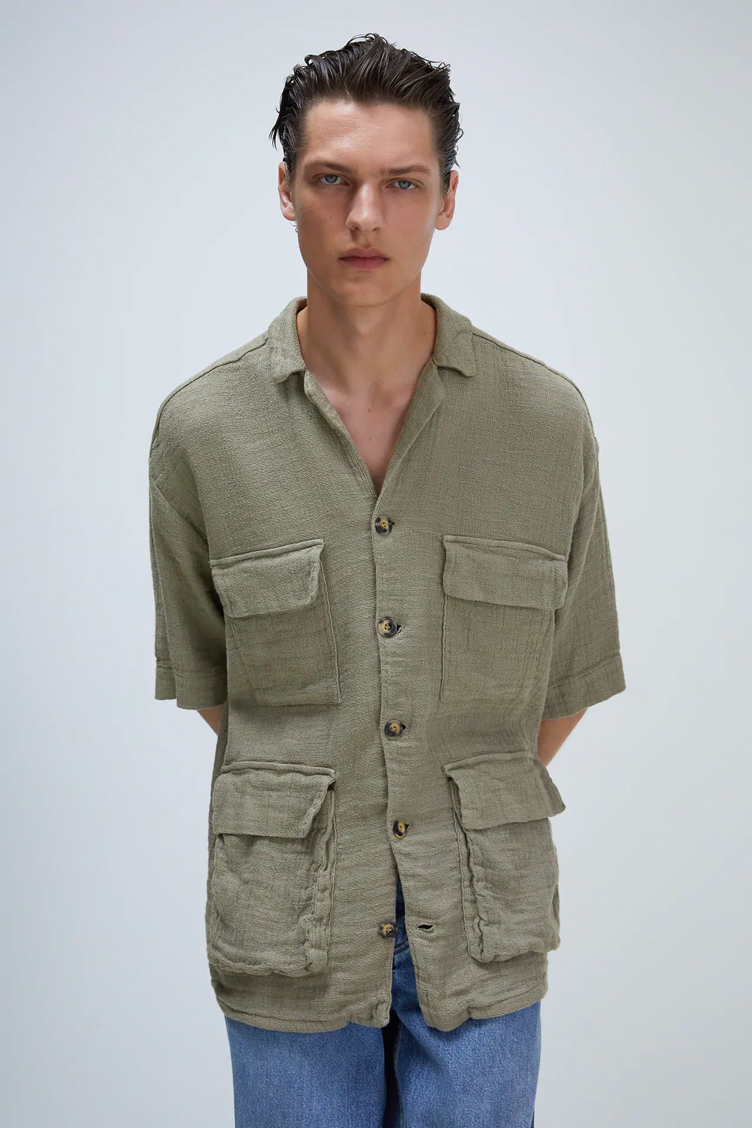 Contemporary Safari Style Utility Shirt - Olive Green Multi-Pocket