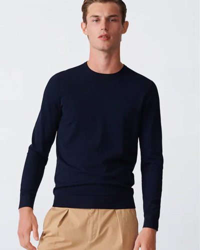 Men's Contemporary Navy Crew Neck Sweater - Classic Fit Long Sleeve