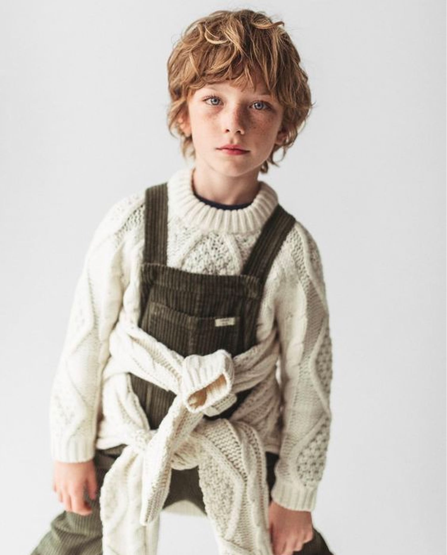 Kids Contemporary Cable Knit Overalls Set with Cream Sweater