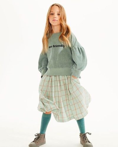Kids Eco-Friendly Sage Green Sweatshirt with Plaid Skirt Outfit Set