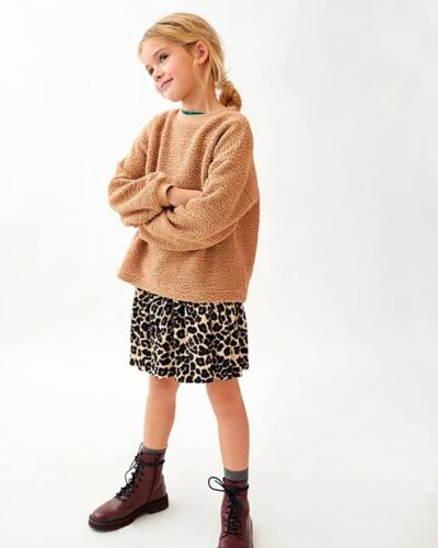 Girls Cozy Teddy Fleece Sweatshirt & Leopard Skirt Outfit Set