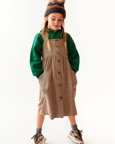 Kids Glen Check Button-Front Jumper Dress with Pockets - Brown