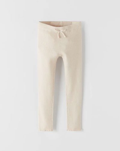 Ribbed Knit Leggings with Drawstring - Cream Beige Casual Lounge Pants