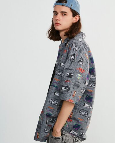 Contemporary Streetwear Retro Gaming Print Button-Up Shirt - Grey