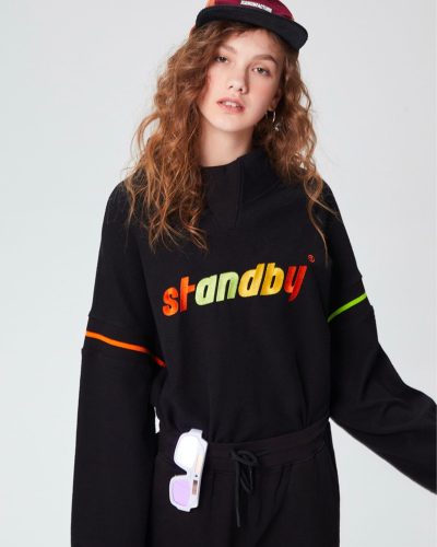 Contemporary Streetwear Rainbow Text Cropped Hoodie - Black Oversized