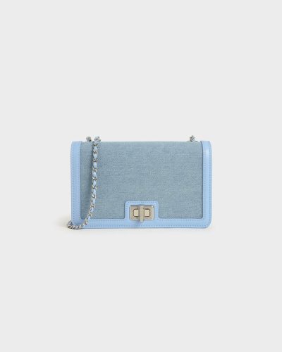 Contemporary Denim Crossbody Bag with Chain Strap - Structured Blue