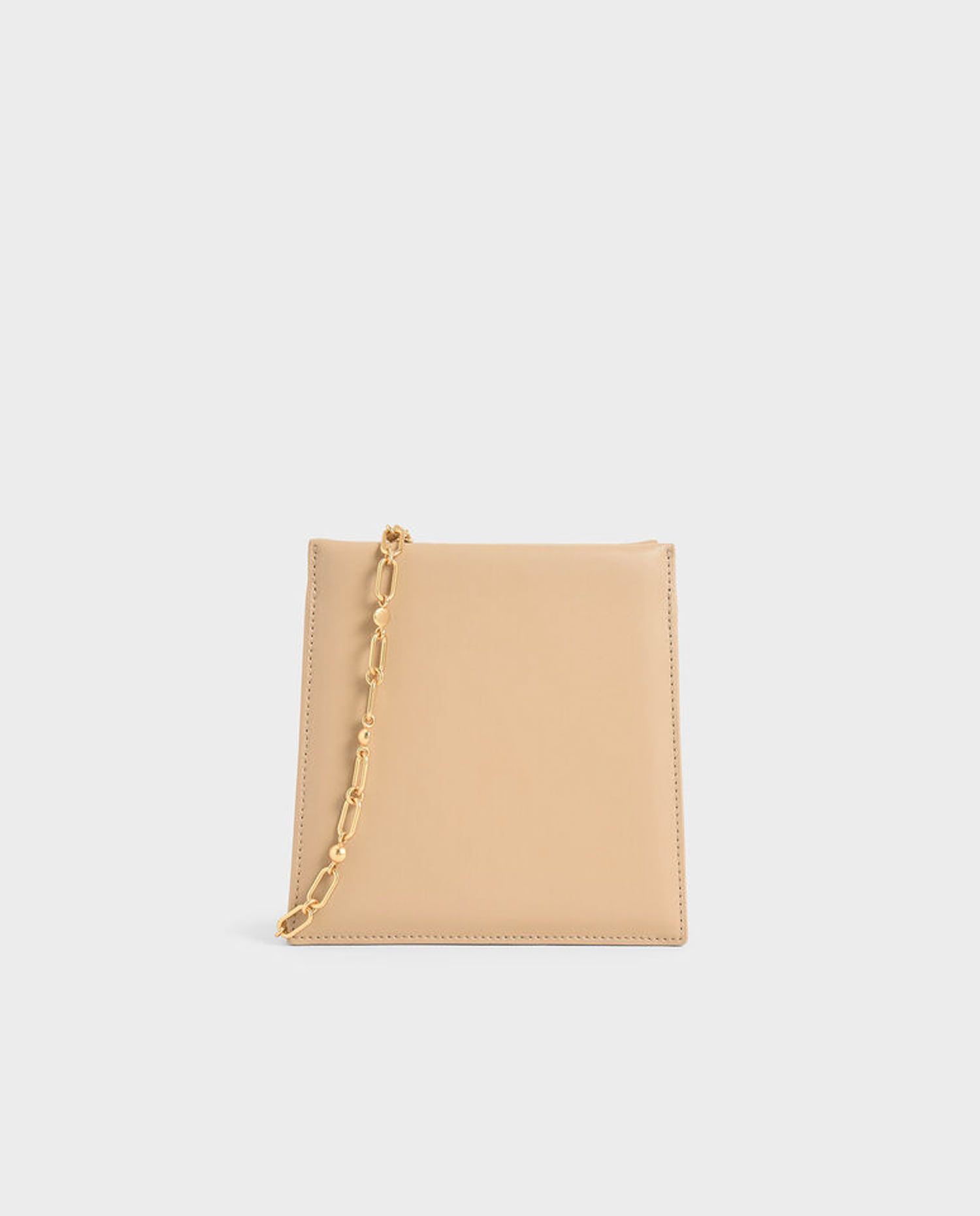 Contemporary Beige Structured Crossbody Bag with Gold Chain