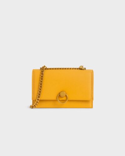 Contemporary Structured Crossbody Bag with Gold Chain - Mustard Yellow