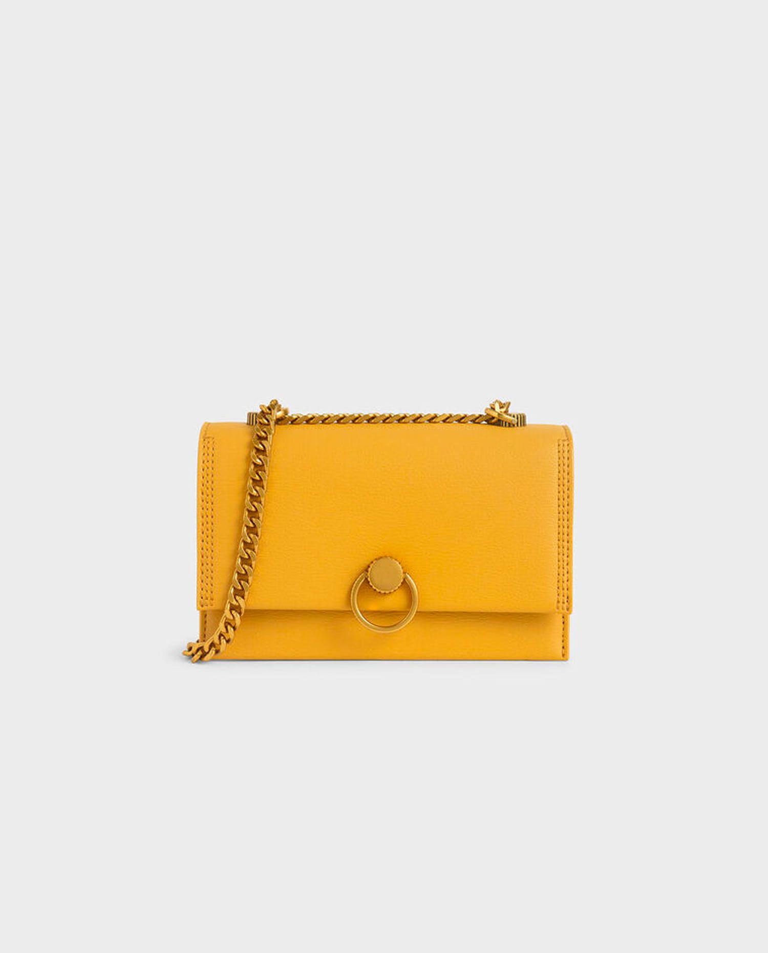 Contemporary Structured Crossbody Bag with Gold Chain - Mustard Yellow