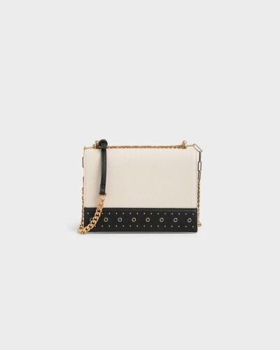 Contemporary Two-Tone Structured Crossbody Bag with Gold Chain Detail