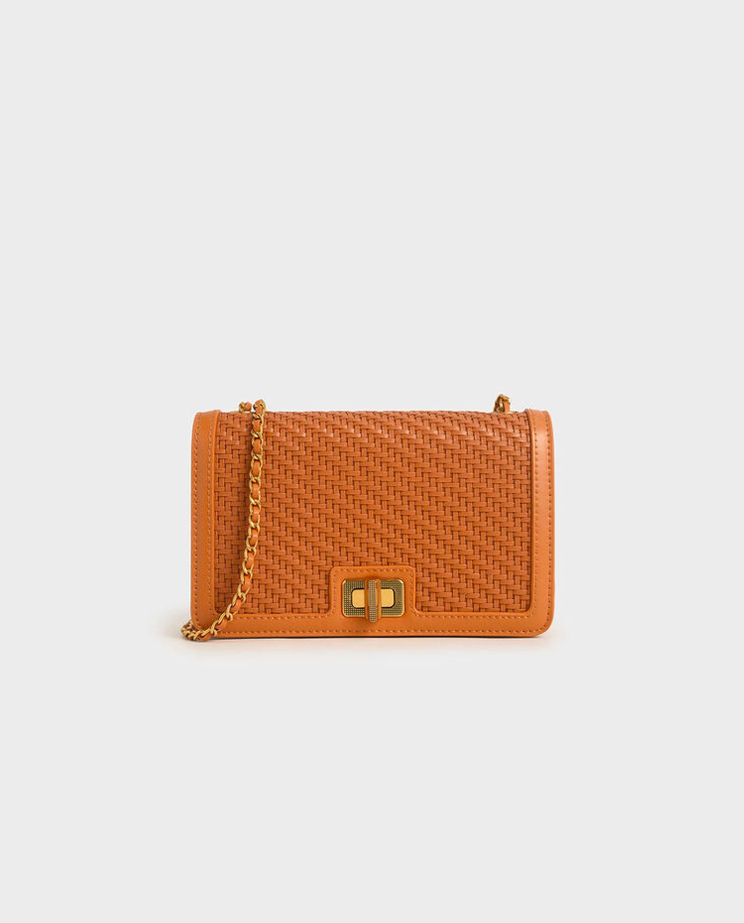 Contemporary Woven Chain Crossbody Bag - Orange Structured Design
