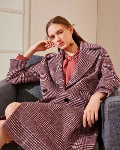 Women's Plaid Double-Breasted Long Coat with Bow Tie Blouse Set