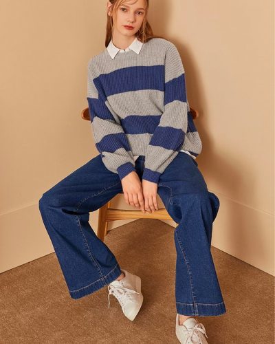 Contemporary Striped Sweater with Collar Detail - Blue & Grey