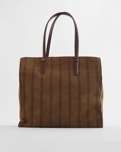 Contemporary Striped Canvas Tote Bag with Leather Handles
