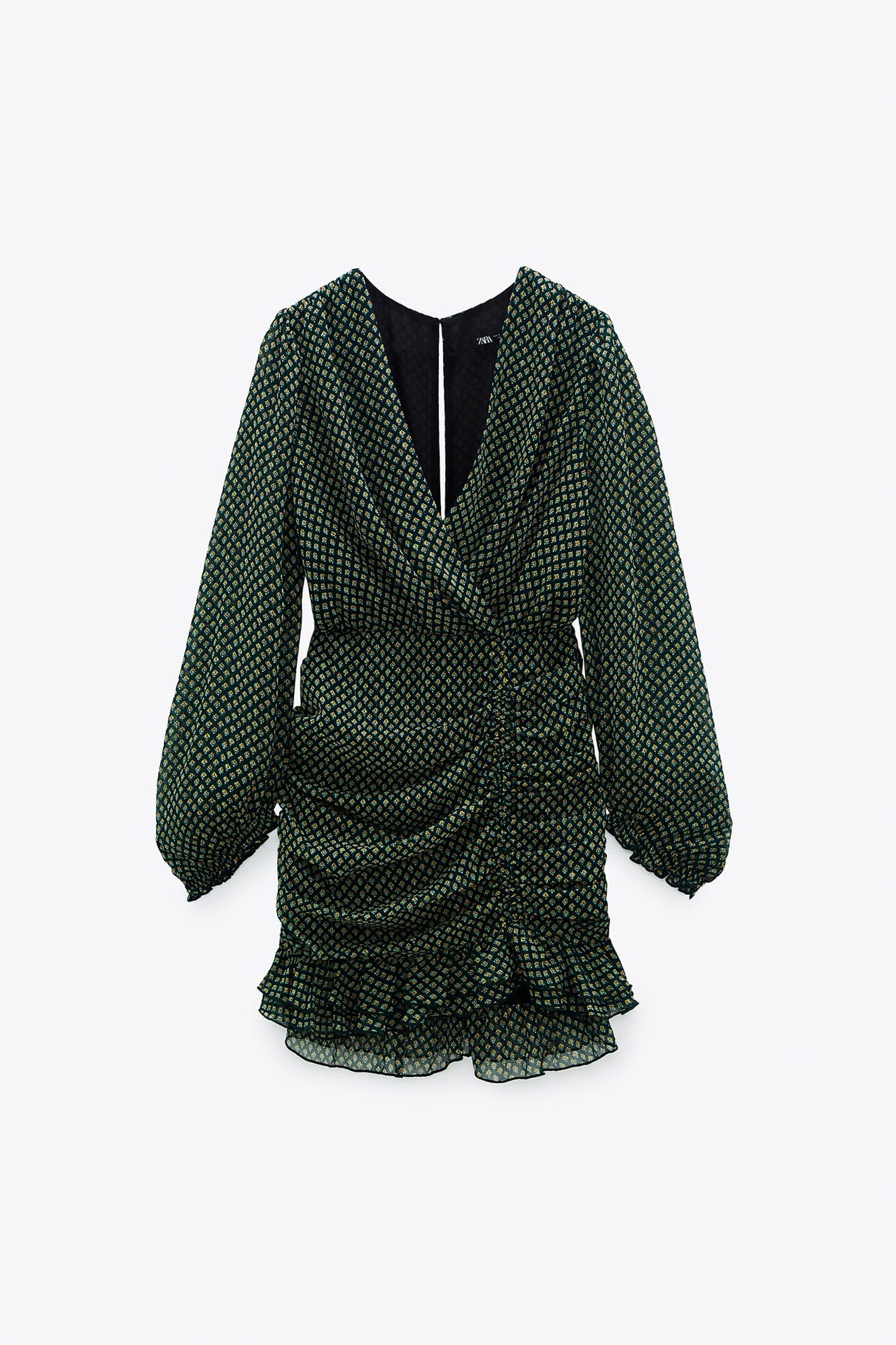 Contemporary Wrap Mini Dress with Ruffle Hem & Long Sleeves - Green Print - Image 4
